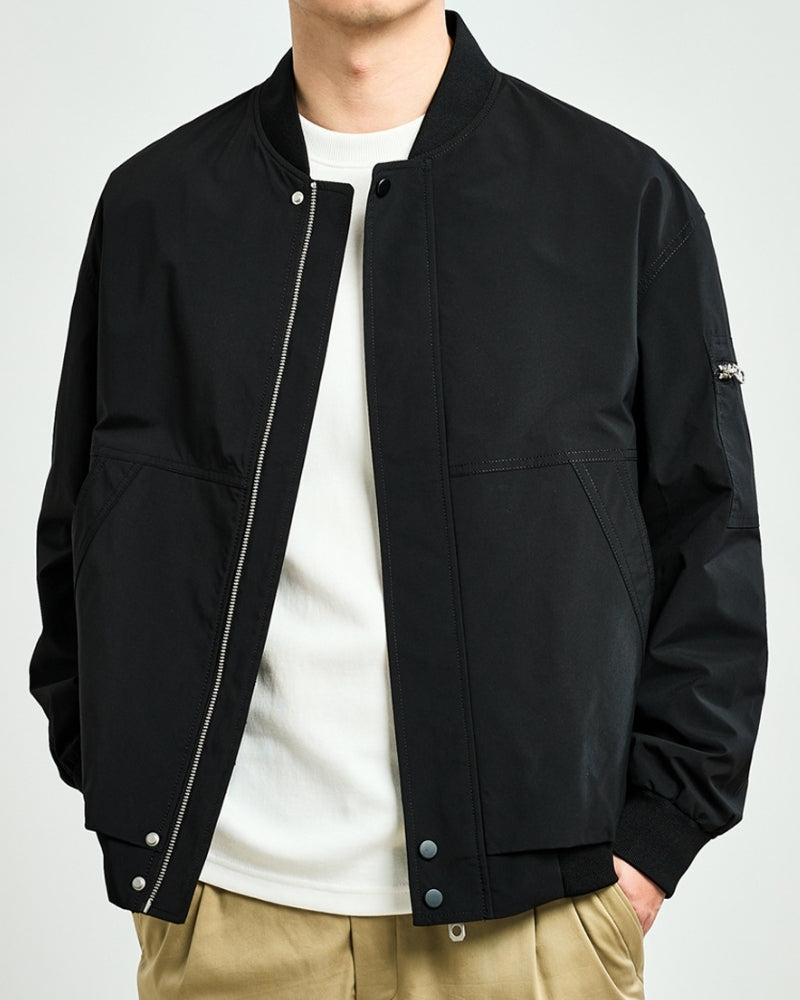 Men's Zip-Front Bomber Jacket with a Sleeve Pocket - Black