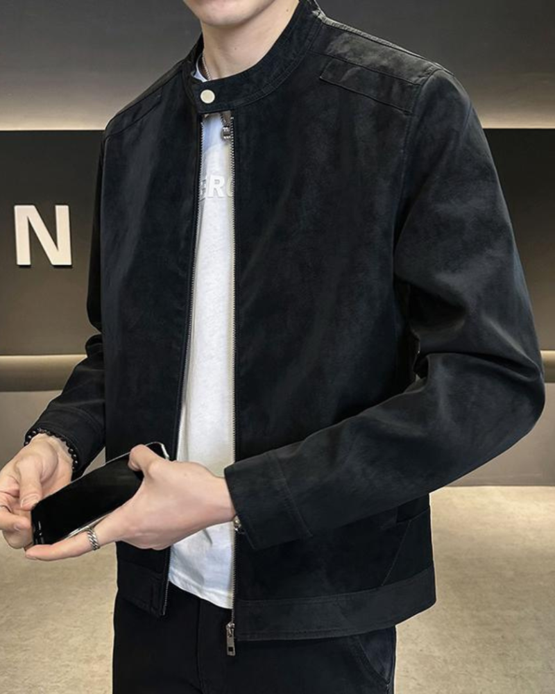 Men's Zip Jacket with a Press-Stud Standing Collar - Black
