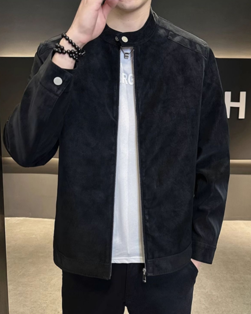 Men's Zip Jacket with a Press-Stud Standing Collar - Black