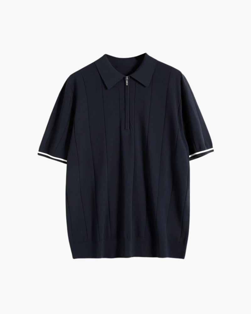 Men's Zip-Neck Polo Shirt with Contrast Sleeve Trim - Navy