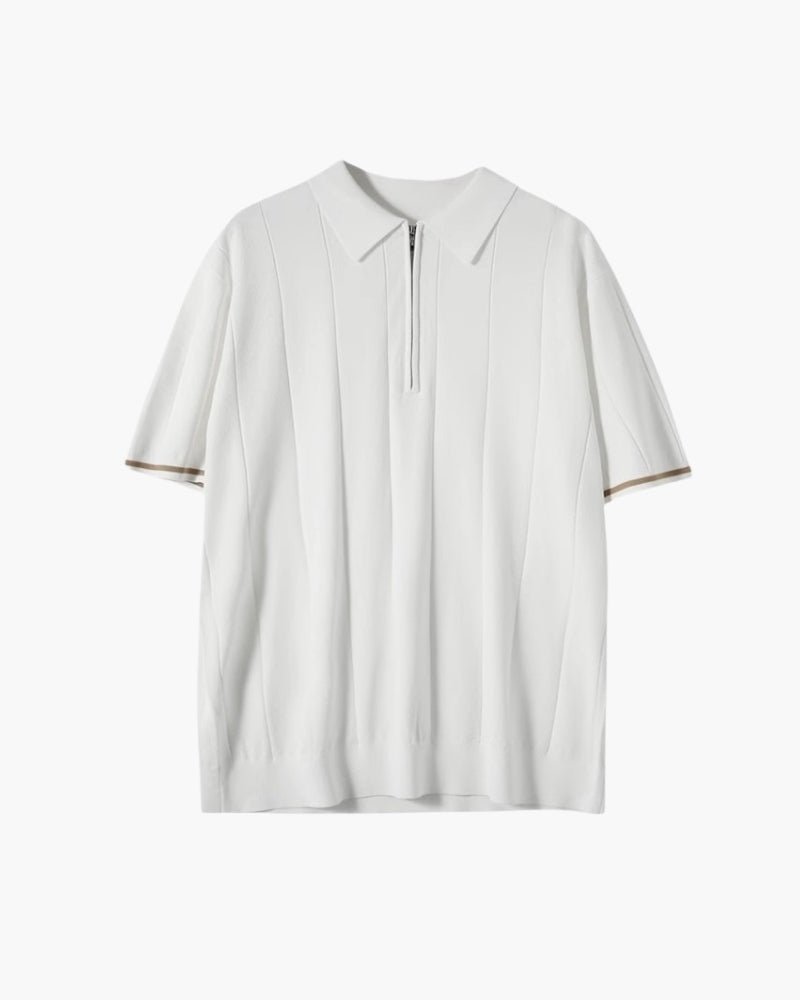 Men's Zip-Neck Polo Shirt with Contrast Sleeve Trim - White