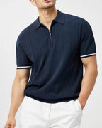 Men's Zip-Neck Polo Shirt with Contrast Sleeve Trim - Navy