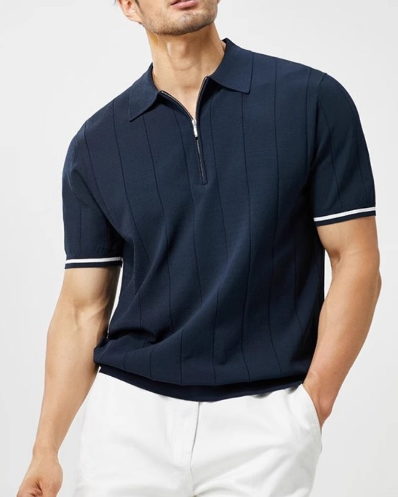 Men's Zip-Neck Polo Shirt with Contrast Sleeve Trim - Navy