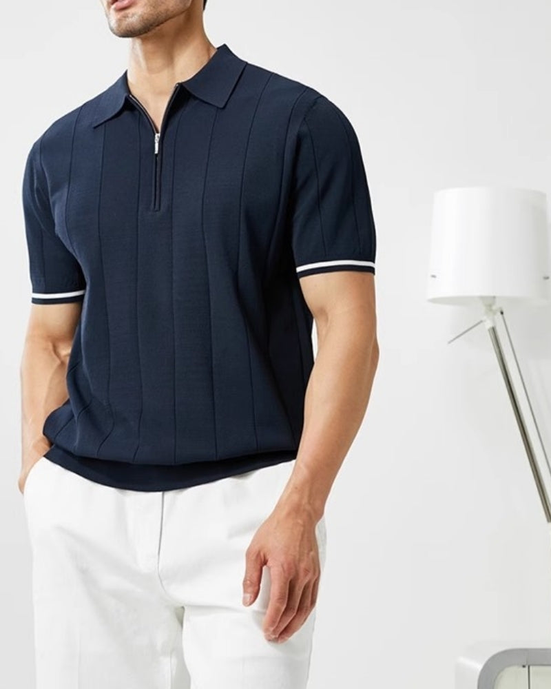 Men's Zip-Neck Polo Shirt with Contrast Sleeve Trim - Navy