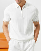 Men's Zip-Neck Polo Shirt with Contrast Sleeve Trim - White