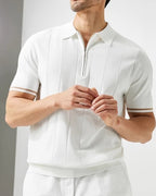 Men's Zip-Neck Polo Shirt with Contrast Sleeve Trim - White