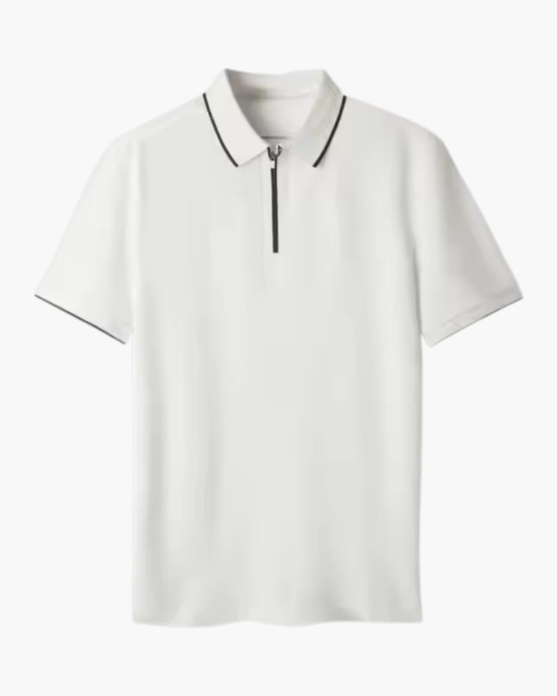 Men's Zip-Neck Polo Shirt with Twin-Stripe Trim - White