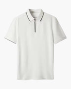 Men's Zip-Neck Polo Shirt with Twin-Stripe Trim - White