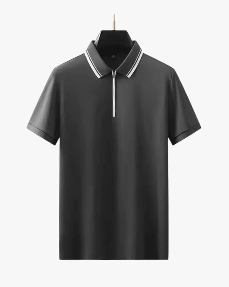 Men's Zip-Neck Polo Shirt with Twin-Stripe Trim - Dark Grey
