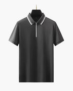 Men's Zip-Neck Polo Shirt with Twin-Stripe Trim - Dark Grey