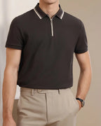 Men's Zip-Neck Polo Shirt with Twin-Stripe Trim - Dark Grey