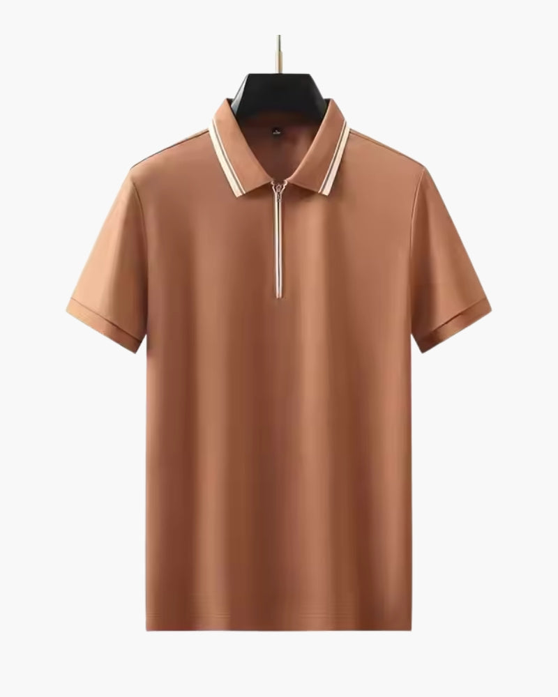 Men's Zip-Neck Polo Shirt with Twin-Stripe Trim - Orange
