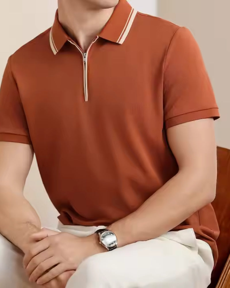 Men's Zip-Neck Polo Shirt with Twin-Stripe Trim - Orange