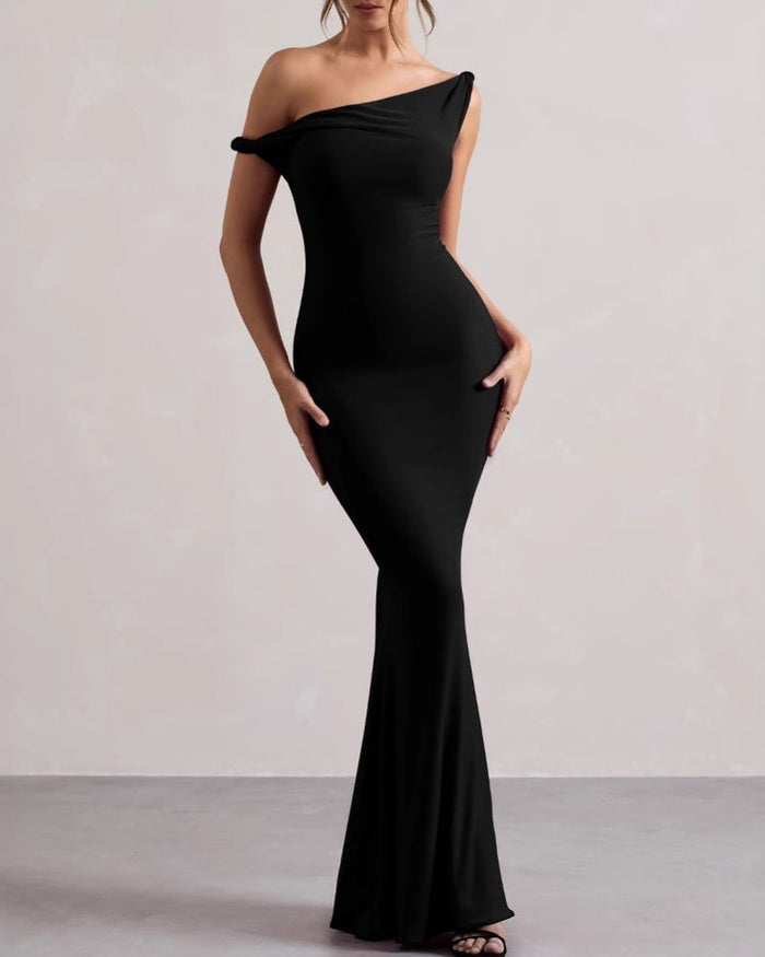 Women's Asymmetric Long Dress with a Draped Neckline