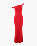 Women's Asymmetric Long Dress with a Draped Neckline - Red
