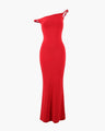 Women's Asymmetric Long Dress with a Draped Neckline - Red