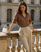 Women's Button-Front Blouse with a Curved Hem - Sandy Brown
