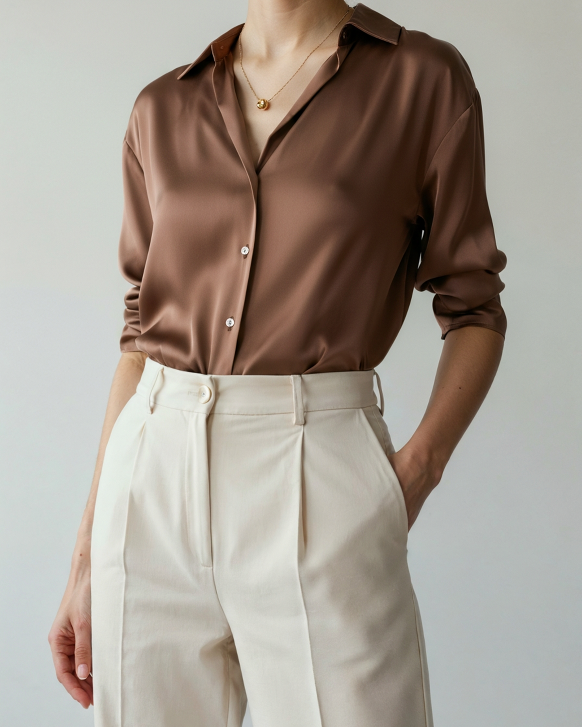 Women's Button-Front Blouse with a Curved Hem - Sandy Brown
