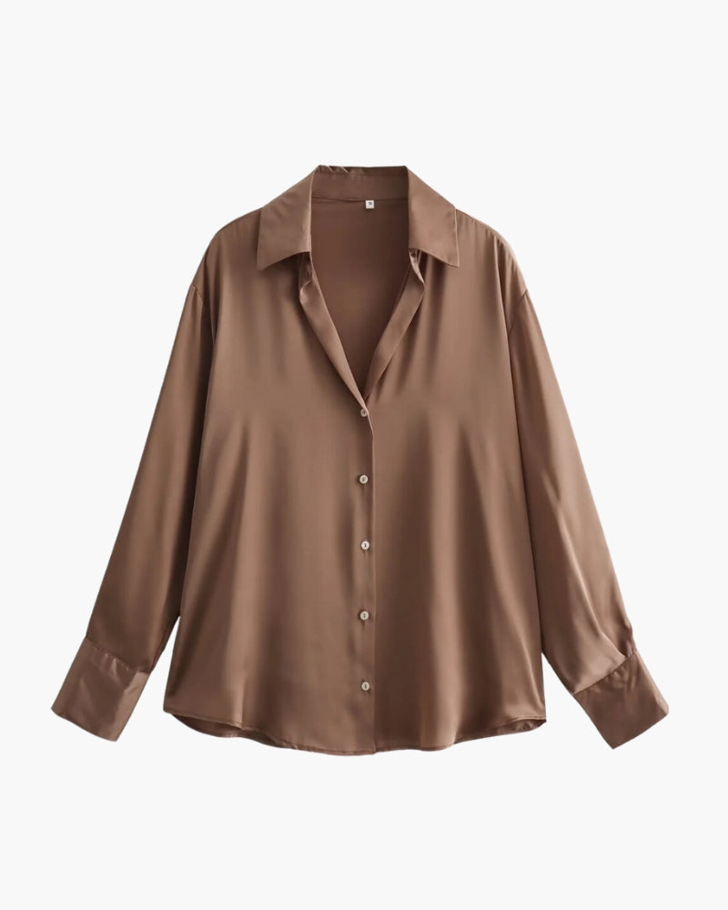Women's Button-Front Blouse with a Curved Hem - Sandy Brown