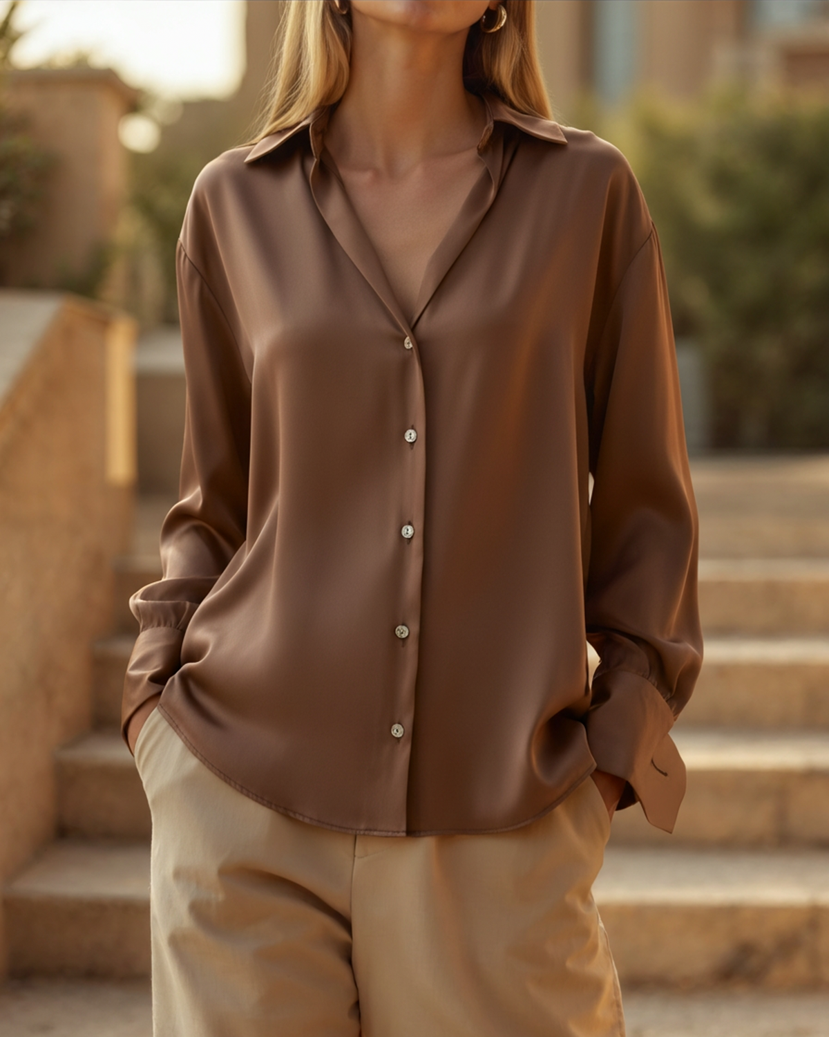Women's Button-Front Blouse with a Curved Hem - Sandy Brown