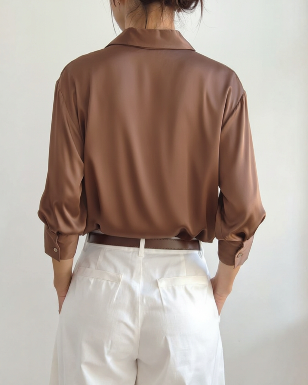 Women's Button-Front Blouse with a Curved Hem - Sandy Brown