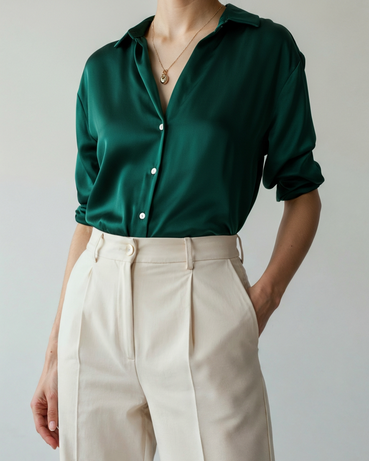Women's Button-Front Blouse with a Curved Hem - Emerald Green
