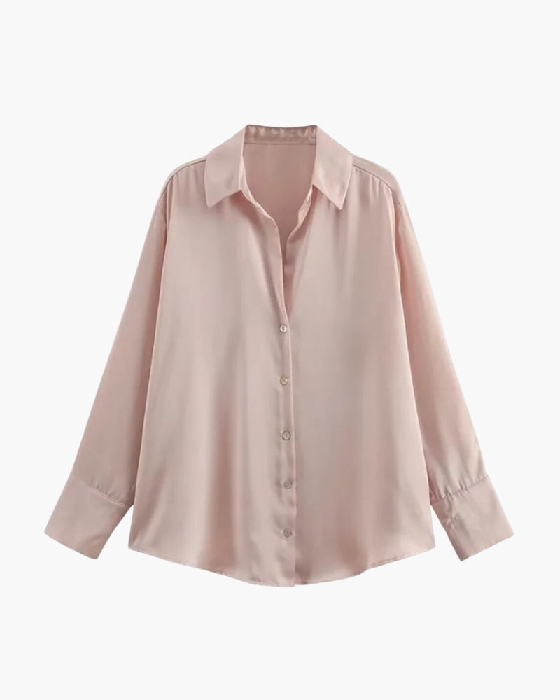 Women's Button-Front Blouse with a Curved Hem - Spring Pink