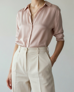 Women's Button-Front Blouse with a Curved Hem - Spring Pink