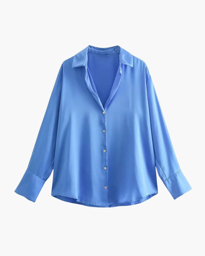 Women's Button-Front Blouse with a Curved Hem - Light Blue