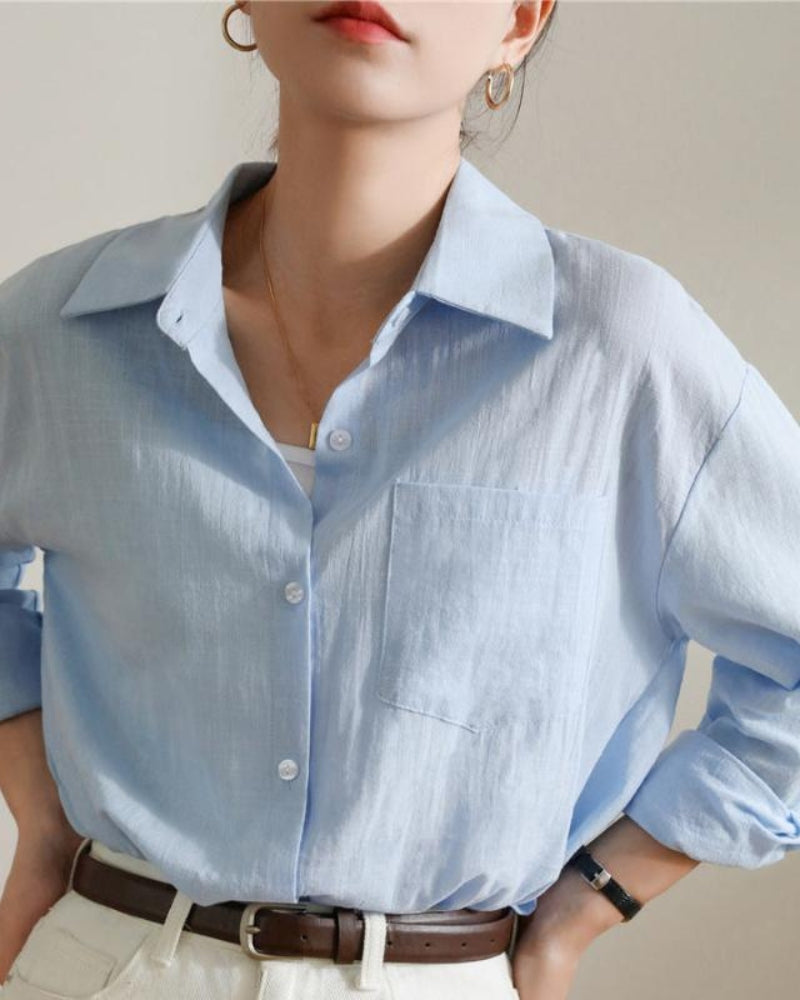 Women's Button-Front Shirt with a Single Chest Pocket - Blue