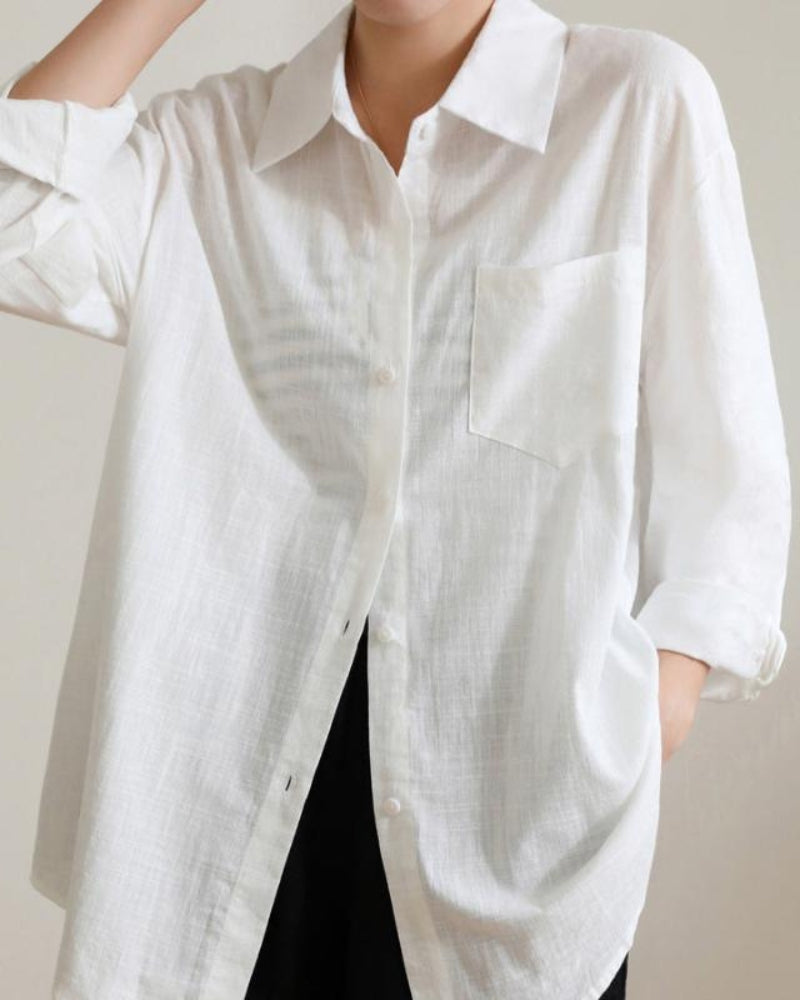 Women's Button-Front Shirt with a Single Chest Pocket - White