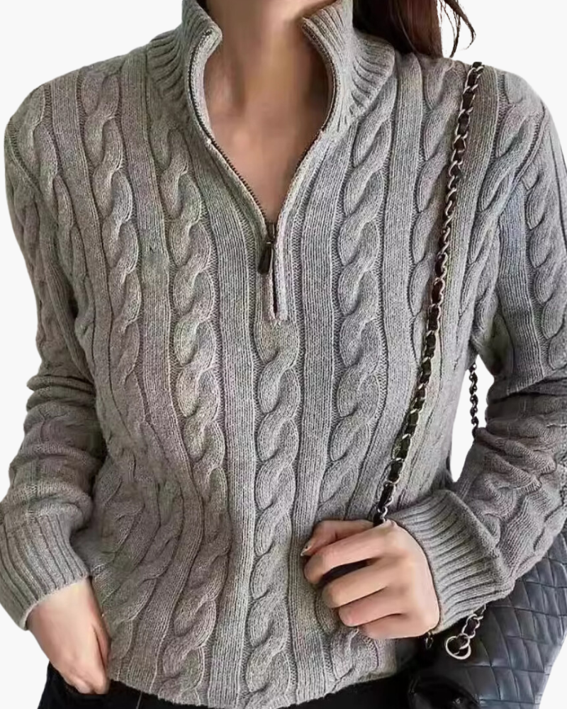 Women's Cable-Knit Half-Zip Jumper with Ribbed Hem - Grey