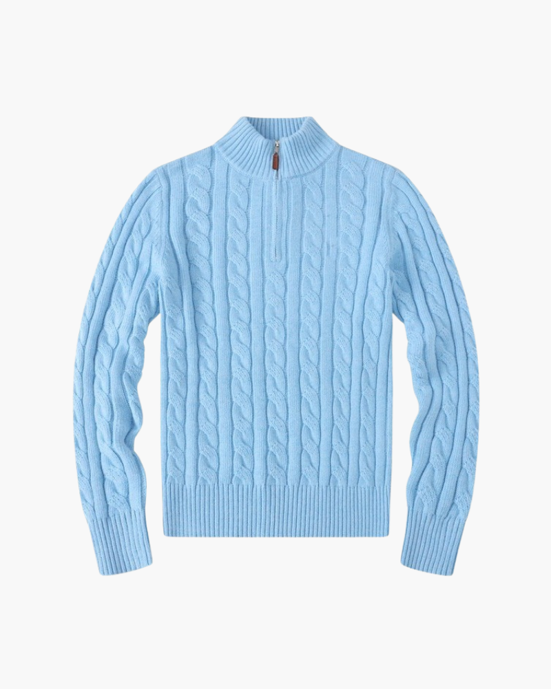 Women's Cable-Knit Half-Zip Jumper with Ribbed Hem - Baby Blue