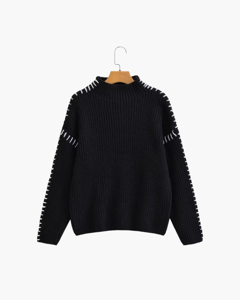 Women's Contrast-Stitch Jumper with Dropped Sleeves - Black