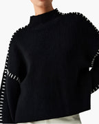 Women's Contrast-Stitch Jumper with Dropped Sleeves - Black