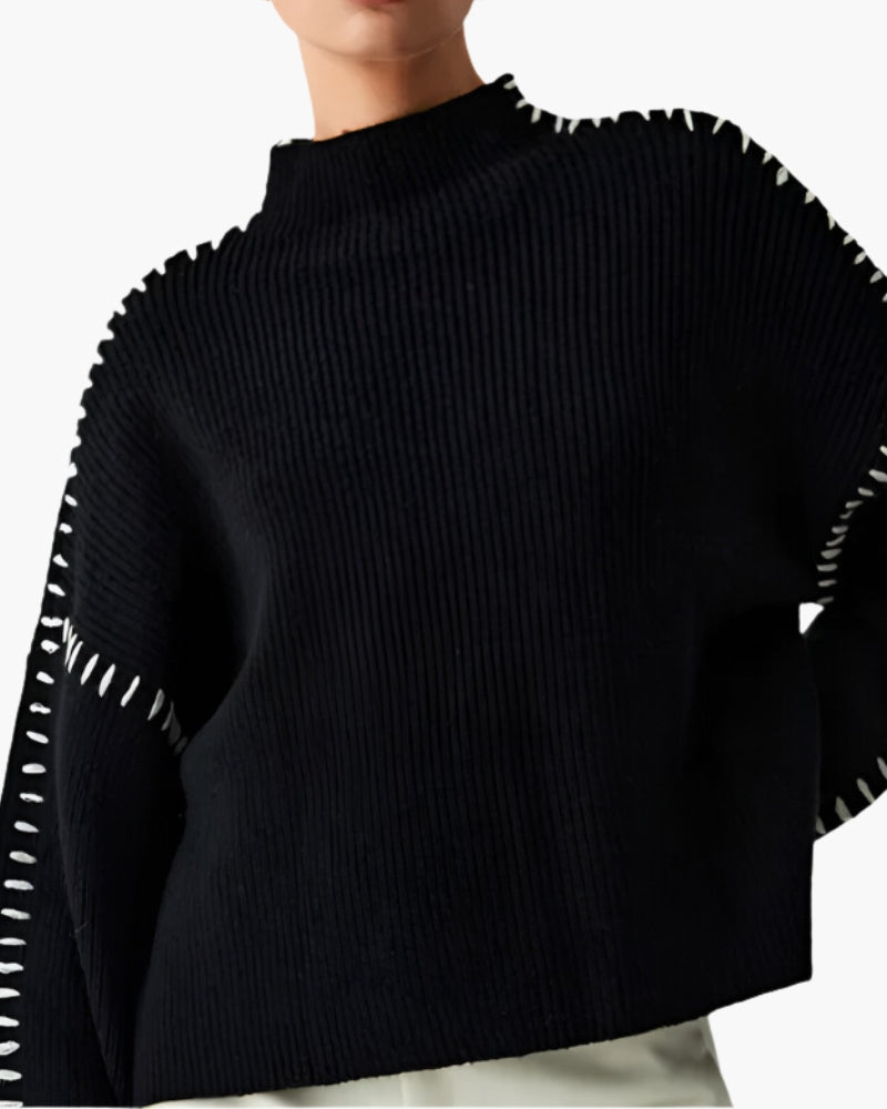 Women's Contrast-Stitch Jumper with Dropped Sleeves - Black