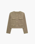 Women's Cropped Button Jacket with Four Flap Pockets - Brown