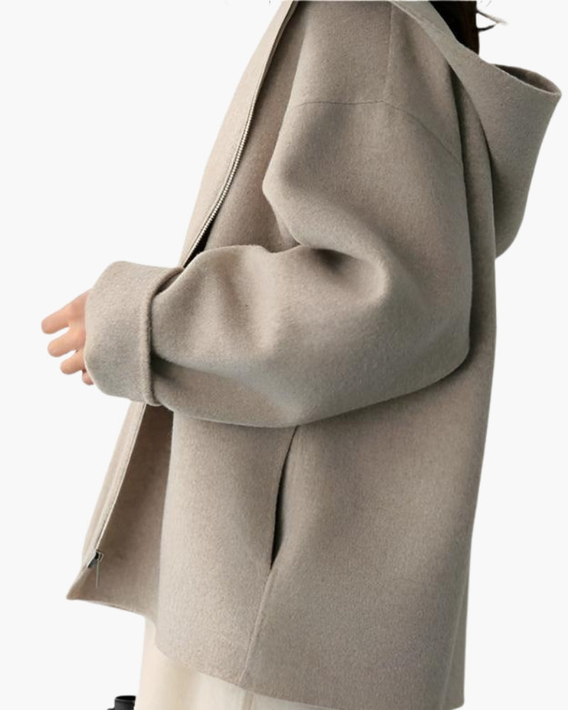 Women's Hooded Zip Jacket with Dropped Shoulders - Beige