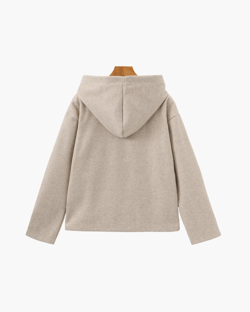 Women's Hooded Zip Jacket with Dropped Shoulders - Beige