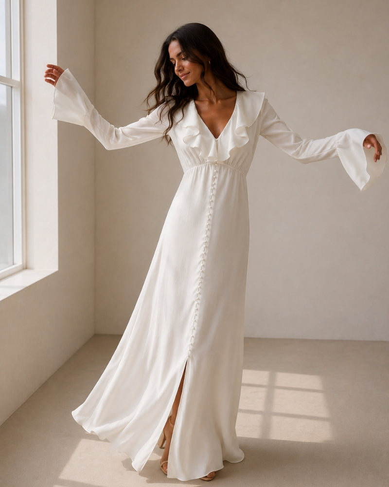 Women's Long Button-Front Dress with Ruffled Neckline - White