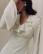 Women's Long Button-Front Dress with Ruffled Neckline - White