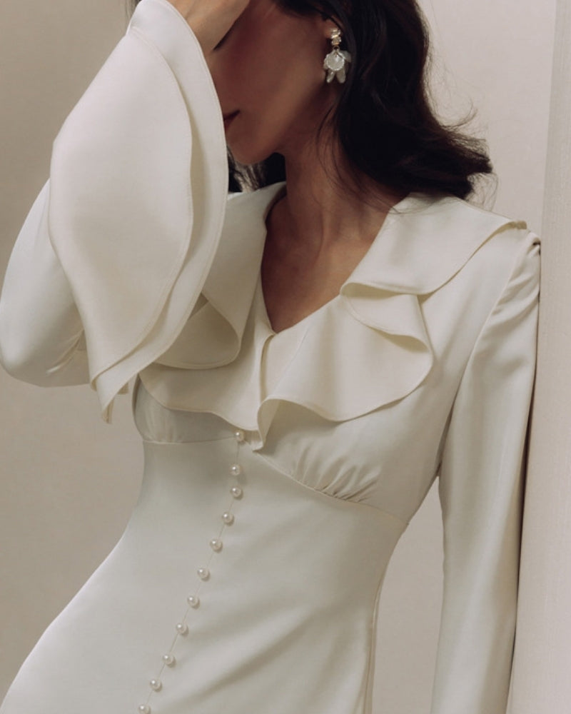 Women's Long Button-Front Dress with Ruffled Neckline - White