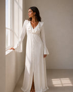 Women's Long Button-Front Dress with Ruffled Neckline - White