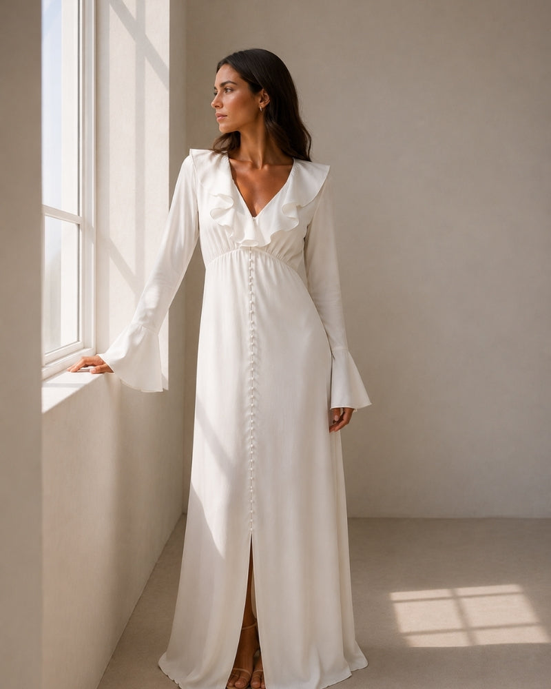 Women's Long Button-Front Dress with Ruffled Neckline - White