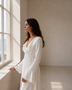 Women's Long Button-Front Dress with Ruffled Neckline - White