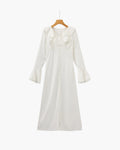 Women's Long Button-Front Dress with Ruffled Neckline - White