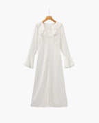 Women's Long Button-Front Dress with Ruffled Neckline - White