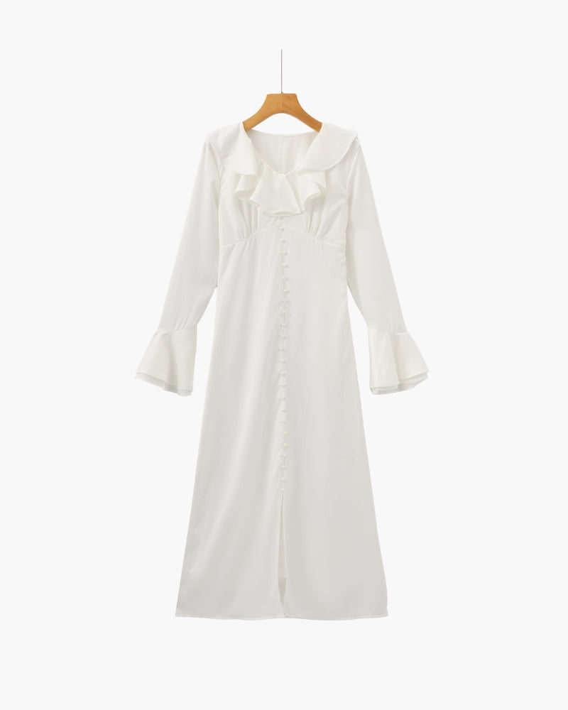 Women's Long Button-Front Dress with Ruffled Neckline - White
