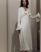 Women's Long Button-Front Dress with Ruffled Neckline - White