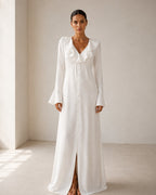 Women's Long Button-Front Dress with Ruffled Neckline - White
